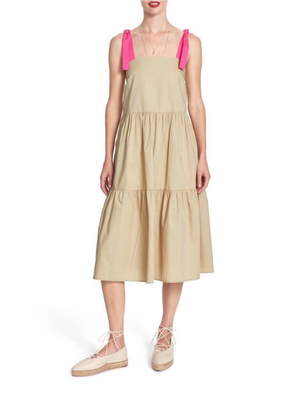 Corey Lynn Calter Beige Tiered Midi Dress with Hot Pink Tie Straps